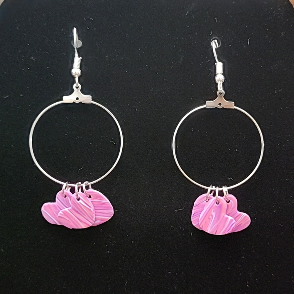 Pink Clay Polymer Heart Shaped Woodgrained Hoop Earrings